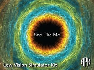 A colorful graphic resembling the iris of a blue and green eye. In the center is a black circle surrounded by a yellow halo with the text 