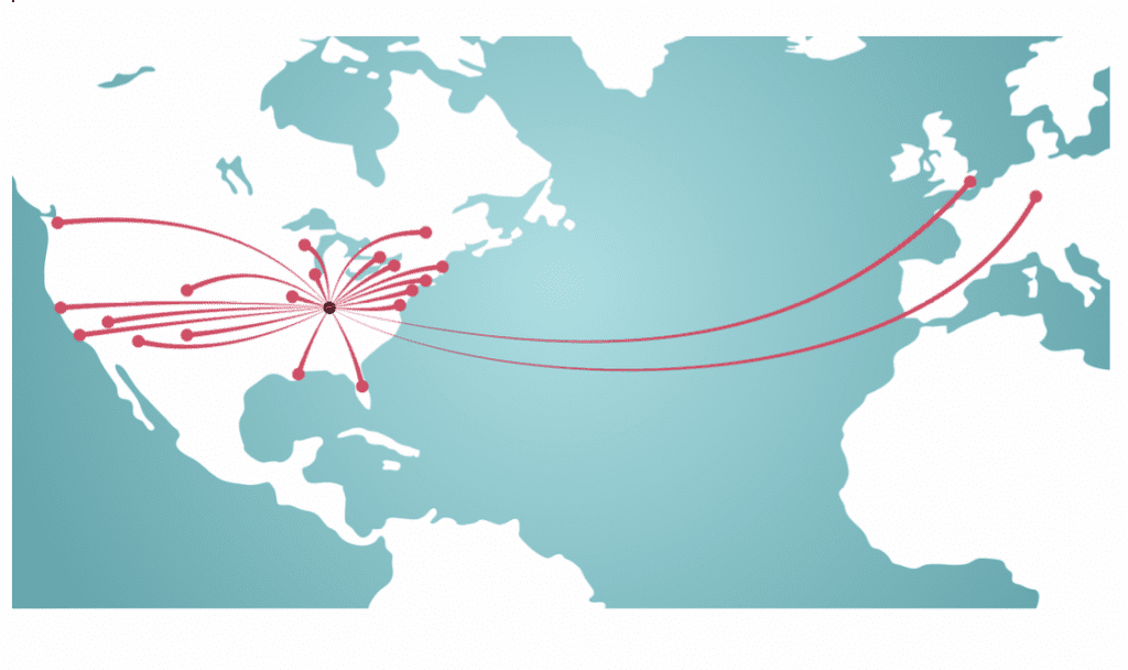 a section of a map of the world with lines coming out from louisville to all the locations traveled. text reads 
