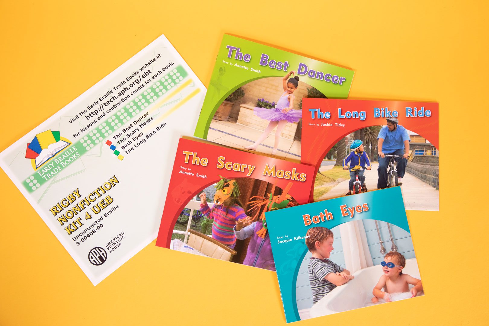 EBT-Rigby-nonfiction-Kit-4-uncontracted_3-00408-00_web Early Braille Trade Books, Rigby Nonfiction Kit 4 UEB, Uncontracted: The Best Dancer, The Scary Masks, Bath Eyes, and The Long Bike Ride.