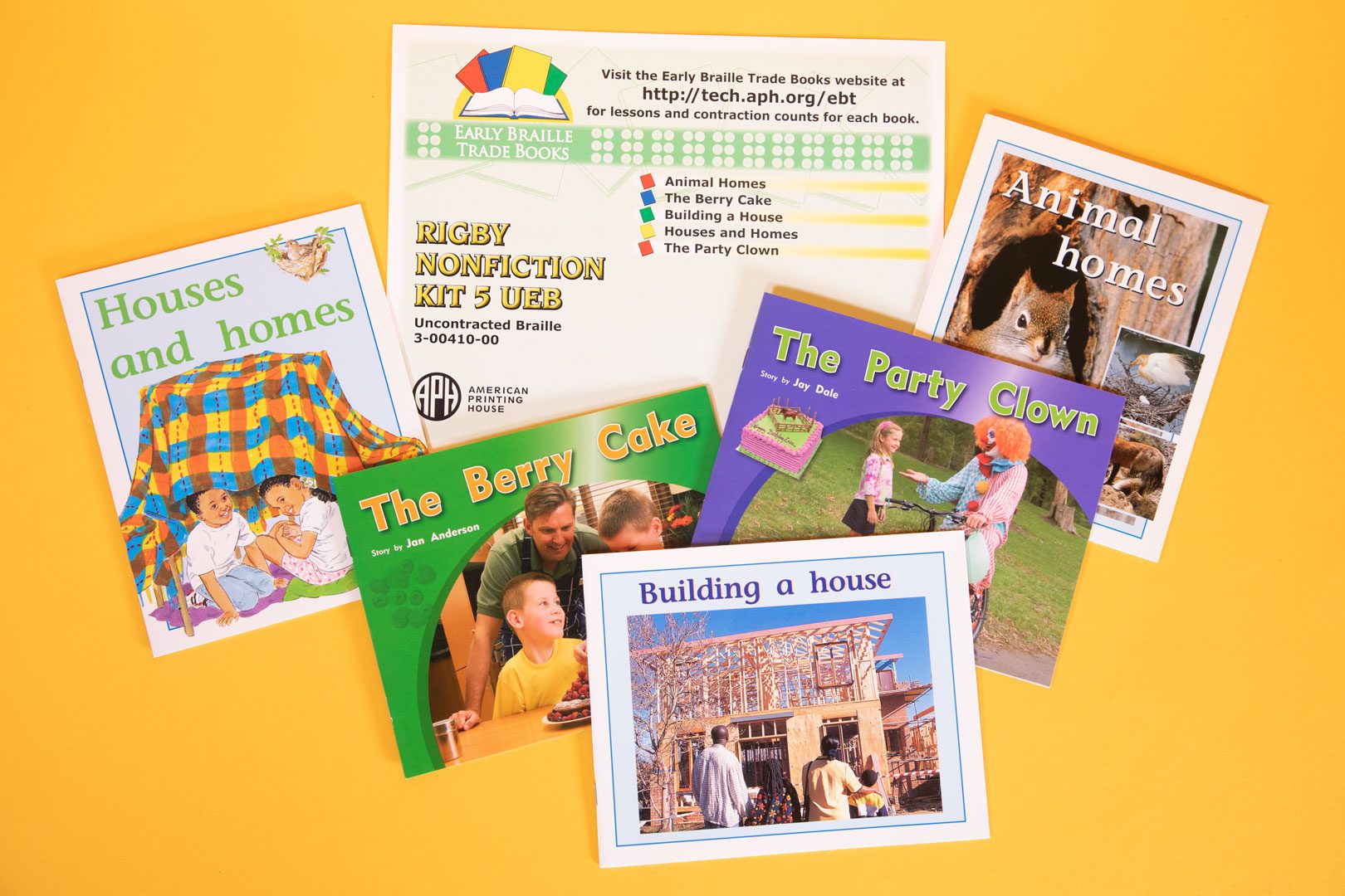 EBT-Rigby-nonfiction-Kit-5-uncontracted_3-00410-00_web Early Braille Trade Books, Rigby Nonfiction Kit 5 UEB, Uncontracted: Animal Homes, The Berry Cake, Building a House, Houses and Homes, and The Party Clown.