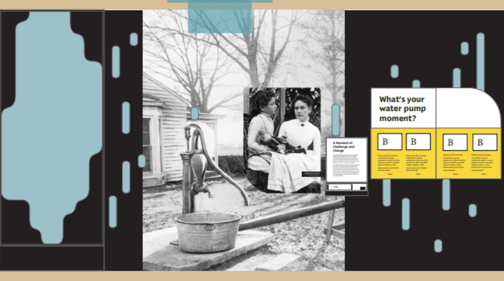A thumbnail of the wall that curves behind the water pump in the Helen Keller exhibit area. Also there is a large seven or eight foot high black and white historical photo of the water pump in the yard in front of the office. And a smaller black and white image of Anne Sullivan and Helen, who has a doll sitting on her lap. To the right of these images is a sign that poses the question: 
