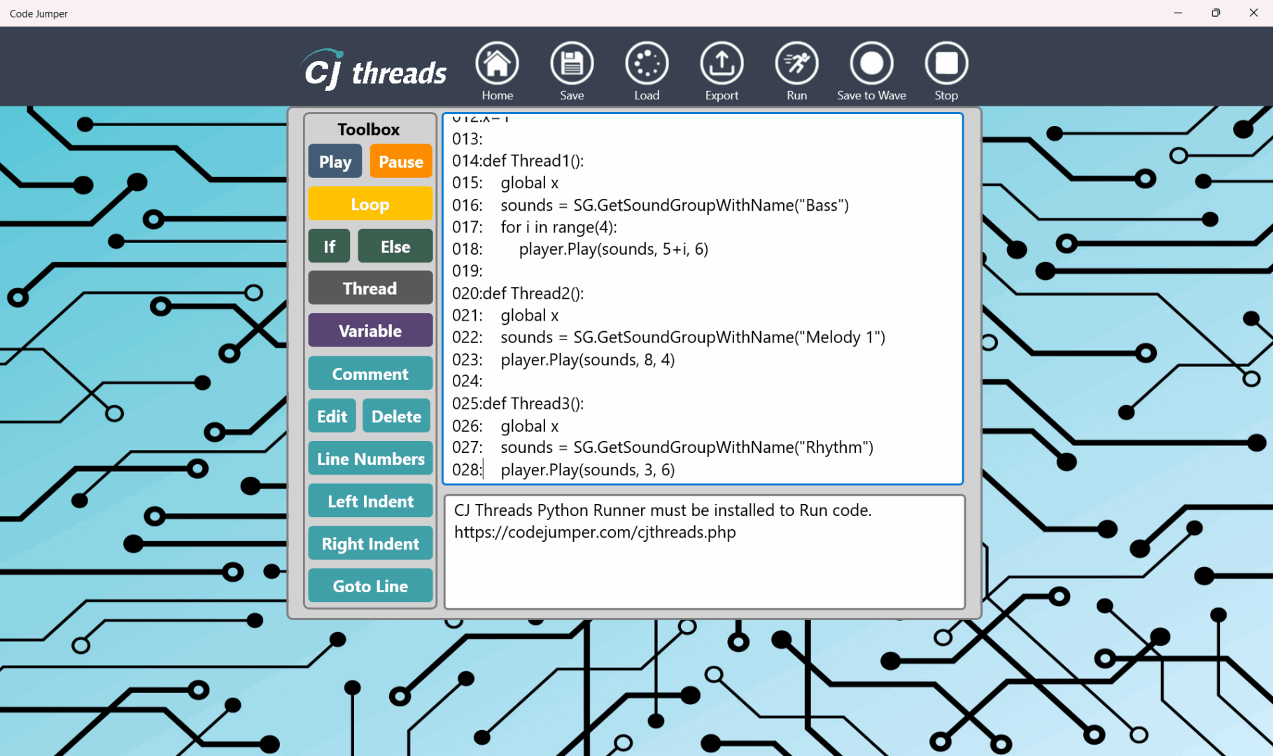 A screenshot of the CJ Threads section of the Code Jumper app. The background is light blue with decoration that looks like a motherboard. On the left side of the screen is the CJ Threads toolbox with colorful buttons that mimic Code Jumper pods, like Play, Pause, and Loop, as well as more advanced Python commands.